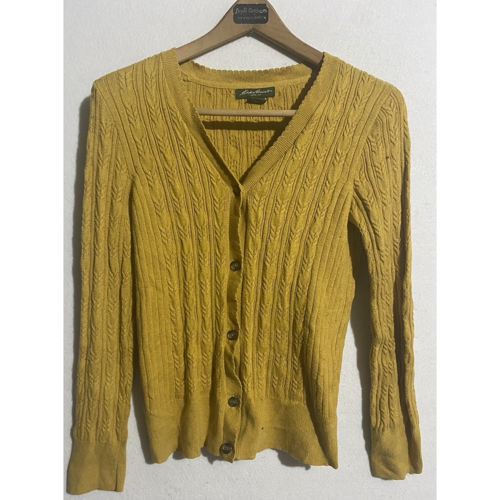 Eddie Bauer Yellow Sweater Long Sleeve V Neck Knit Cardigan Womens Small